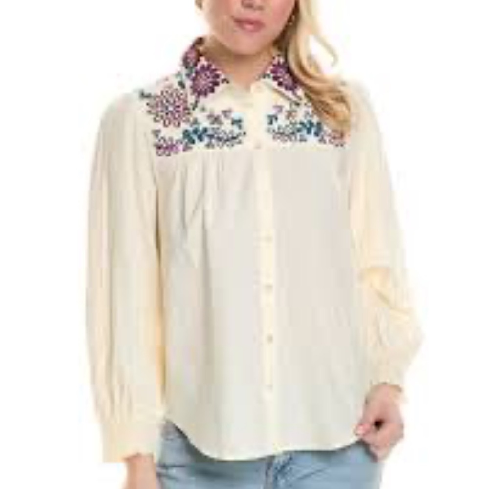 Roller Rabbit Veda Embroidered Noemie Button Down Floral Boho Top Blouse